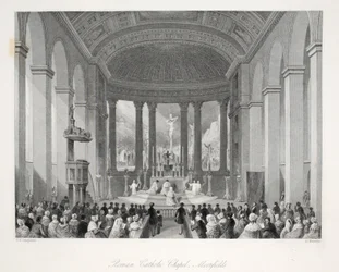 Römisch-katholische Kapelle, Moorfields, aus „Londoner Innenräume mit ihren Trachten und Zeremonien“, veröffentlicht von Joseph Mead, London, um 1843