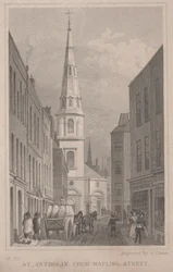St. Antholin, von Watling Street, graviert von A. Cruse, ca. 1830
