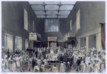 Das House of Lords, Ihre Majestät eröffnet die Parlamentssitzung, graviert von Henry Melville, ca. 1840