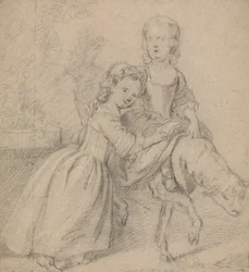 Zwei Mädchen in einer Landschaft, eines reitet auf einem Lamm