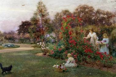 Im Garten des Künstlers, Yapton, Sussex. Eine Mutter und ihre zwei Kinder pflücken Rosen in einem Garten. Gemälde von Thomas James Lloyd (1849-1910 Britisch) Privatsammlung
