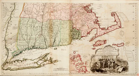 Karte des am dichtesten besiedelten Teils von Neuengland, mit den Provinzen Massachusetts Bay und New Hampshire sowie den Kolonien Connecticut und Rhode Island