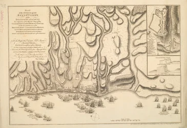 PLAN des ANGRIFFS auf BASSETERRE auf der INSEL GUADELOUPE durch ein Geschwader der Kriegsschiffe Seiner Majestät unter dem Kommando von Kommodore MOORE am 22. Jan. 1759, außerdem die LAGER der BRITISCHEN ARMEE unter dem Kommando von Gen. HOPSON und die