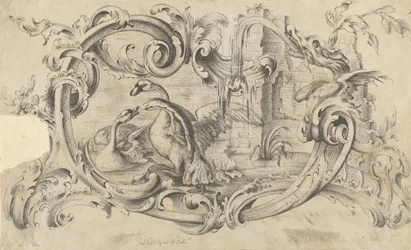 Entwurf für eine Tafel für ein Kaminstück mit zwei kämpfenden Schwänen, umgeben von einer Schriftrolle, 1762