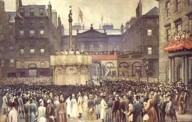 Die Übergabe des restaurierten Marktkreuzes, Edinburgh, an den Magistratsrat durch den ehrenwerten W.E. Gladstone, MP, 23. November 1885