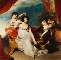 Gruppenporträt von Mrs. Henry Baring und zwei ihrer Kinder und einem großen Hund, eine Landschaft dahinter, ca. 1817-1824