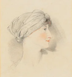 Porträtkopf von Mrs. Jens Wolff, im Profil nach rechts, einen Turban tragend