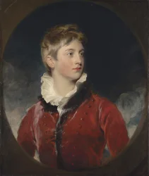 Porträt von Frederick William Stewart, 4. Marquess of Londonderry, K.P., M.P. (1805-1872) als Junge, Halbfigur, in einer roten Jacke, in einem angedeuteten Oval