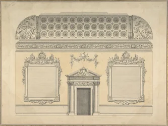 Entwurf für einen Abschnitt eines Rokoko-Zimmers mit einem gewölbten Decken und verzierten korinthischen Säulen, ca. 1750