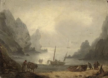 Ein Devonshire-Einlass mit Fischern, die ihren Fang an Land bringen, ca. 1804