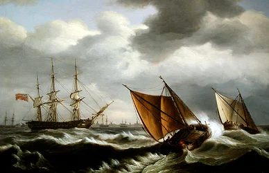 Niederländisches Küstenfahrzeug mit einer englischen Fregatte vor Anker in einem Sturm vor Harwich