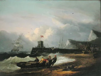 Ein Boot an Land ziehen vor dem Hafen von Dover