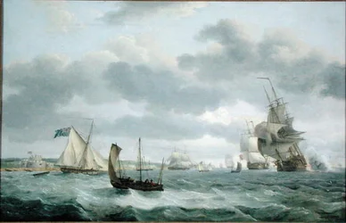 Kriegsschiffe und andere Schiffe in einer Brise vor Dover