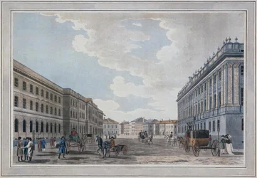 Blick auf die Millionnaya-Straße und den Marmorpalast durch das Marsfeld, 1790