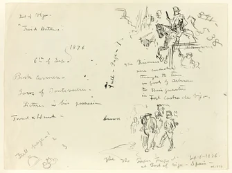 Blatt mit Skizzen: Soldat zu Pferd und Soldat mit Säbel, der Gefangenen führt (recto); Blatt mit Skizzen (verso)
