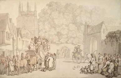 Eine Kutsche, die sich darauf vorbereitet, das Canterbury Gate, Christ Church, Oxford, zu verlassen, ca. 1810-15