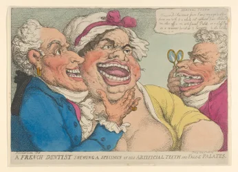 Ein französischer Zahnarzt zeigt ein Exemplar seiner künstlichen Zähne und falschen Gaumen, 1811