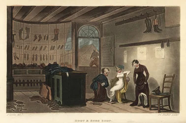 Schuh- und Stiefelladen: Frauenkunden probieren Schuhe und Stiefel bei einem Schuster in Leatherhead an. Handkolorierte Kupferstichgravur von Thomas Rowlandson, Aquatinta von J.C. Stadler, nach einer Skizze von J. Green aus Poetical Sketches of Scarborough