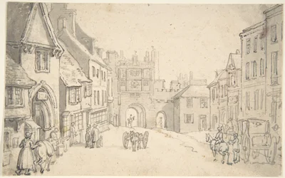 Stadtansicht mit mittelalterlichem Tor (vielleicht York)
