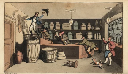 Betrunkener Johnny von Nachtwächtern in einem Lebensmittelladen verfolgt, kurz davor, in ein Butterfass zu fallen. Handkolorierte Kupferstichgravur von W. Read nach einer Illustration von Thomas Rowlandson aus Alfred Burtons Die Abenteuer von Johnny Newcom
