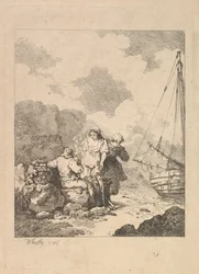 Fischer am Ufer - Küstenszene mit einem Mann, der auf Felsen sitzt und Pfeife raucht, 1786