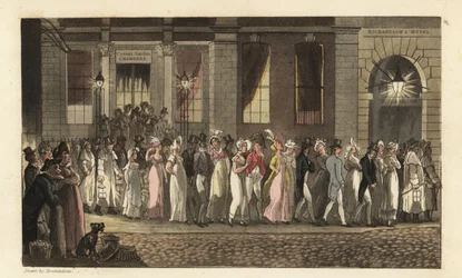 Johnny und andere Feiernde werden nach einer ausgelassenen Tanzparty in den Covent Garden Chambers vom Nachtwächter verhaftet. Handkolorierte Kupferstichgravur von Thomas Rowlandson aus William Combes Die Geschichte von Johnny Quae Genus, der kleine Gefund