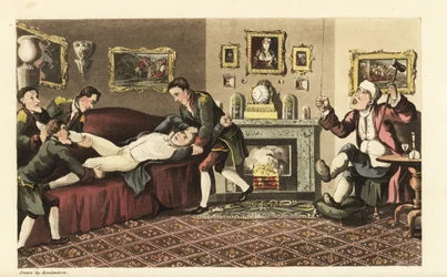 Johnny betrunken auf dem Sofa im Haus von Sir David Dangle, hinausgeworfen von den livrierten Dienern. Handkolorierte Kupferstichgravur von Thomas Rowlandson aus William Combes The History of Johnny Quae Genus, the Little Foundling of the late Doctor Synta