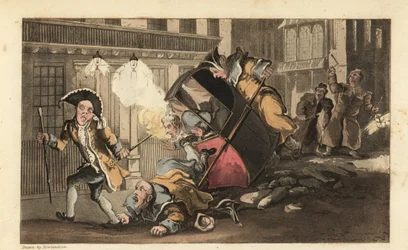 Johnny wird aus einem Sänftensessel geworfen, als die Träger über einen Steinhaufen auf der Straße stürzen. Nachtwächter mit Laternen und Rasseln kommen an. Handkolorierte Kupferstichgravur von Thomas Rowlandson aus William Combes The History of Johnny Qua
