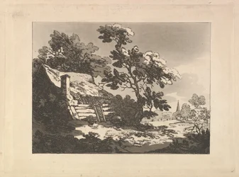 Landschaft mit Hütte unter Bäumen links und einer fernen Kirchturmspitze rechts