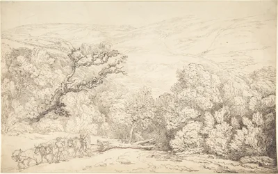 Landschaft mit Ochsen und gefälltem Baum