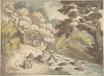 Landschaft mit rauschendem Bach und einem Paar am Ufer, erschreckt von einer Schlange
