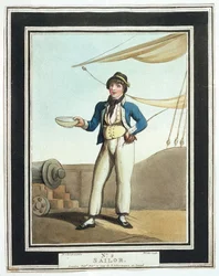 Matrose zur Zeit von Horatio Nelson (1758-1805), der verschiedenen Aufgaben nach seinen Fähigkeiten zugewiesen wurde, einige arbeiteten auf den Masten, andere auf dem Oberdeck, verantwortlich für den Anker, wieder andere waren Teil des Kanonierteams