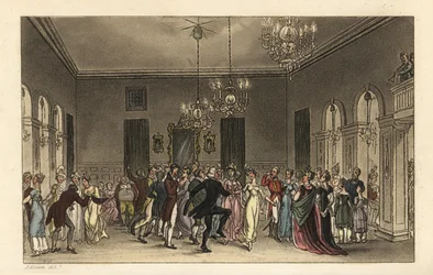 Der Ballsaal: modische Touristen tanzen in den Assembly Rooms von Scarborough. Jeder Herr, der tanzt, zahlt 2 Schilling, und jede Dame, die Tee trinkt, zahlt 1 Schilling. Handkolorierte Kupferstichgravur von Thomas Rowlandson nach einer Skizze von J. Green
