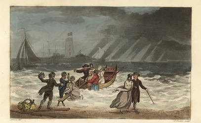 Die Wasserparty: Touristen geben wegen schlechten Wetters eine Seereise auf. Handkolorierte Kupferstichgravur von Thomas Rowlandson, Aquatinta von J.C. Stadler, nach einer Skizze von J. Green aus Poetical Sketches of Scarborough, Ackermann, London