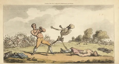 Das Skelett des Todes boxt mit einem Faustkämpfer, während ein anderer Boxer am Boden liegt und die Menge in Panik flieht. Handkolorierte Kupferstichzeichnung und -gravur von Thomas Rowlandson