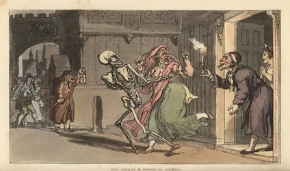 Der Tod trägt eine Virago aus einem Haus, während ein Nachtwächter mit Laterne zusieht. Handkolorierte Kupferplatte gezeichnet und graviert von Thomas Rowlandson aus The English Dance of Death, Ackermann, London