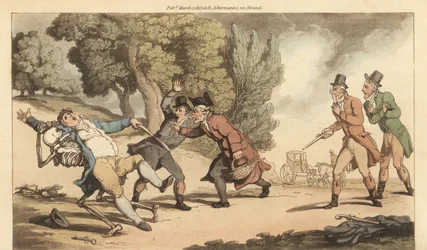 Der Tod trägt einen Verwundeten weg, bevor der Arzt ihn nach einem tödlichen Duell mit Pistolen in einem Park behandeln kann. Handkolorierte Kupferplatte gezeichnet und graviert von Thomas Rowlandson aus The English Dance of Death, Ackermann, London
