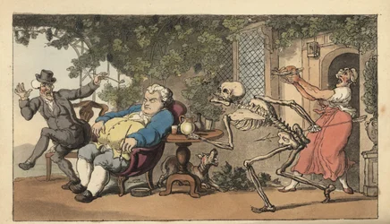 Das Skelett des Todes kommt, um Tom Higgins zu holen, den Gehilfen eines Maurers, der gestorben ist, während er vor einem Gasthaus auf ein Gericht wartete. Handkolorierte Kupferplatte, gezeichnet und gestochen von Thomas Rowlandson, aus "The English Dance