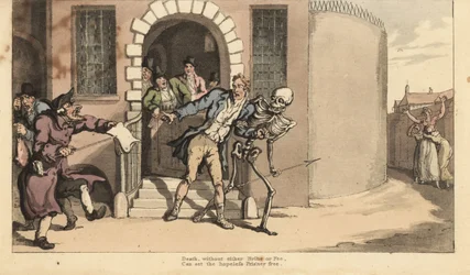Das Skelett des Todes befreit einen Gefangenen aus dem Schuldgefängnis vor seiner verzweifelten Familie. Handkolorierte Kupferplatte, gezeichnet und graviert von Thomas Rowlandson aus The English Dance of Death, Ackermann, London
