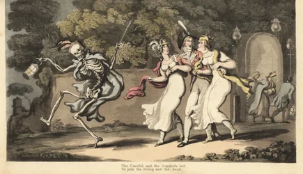 Der Tod in Mantel und Mütze tanzt mit einer Laterne vor einem Dandy in Uniform und zwei Schönheiten in Musselinkleidern und Schals. Handkolorierter Kupferstich von Thomas Rowlandson aus The English Dance of Death