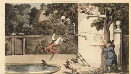 Das Skelett des Todes stößt eine Leiter von einer Wand und tötet einen galanten Verehrer, während er versucht, mit einer Schönheit durchzubrennen. Der Vater des Mädchens schießt mit einer Muskete auf den fallenden Mann. Handkolorierte Kupferstichzeichnung 