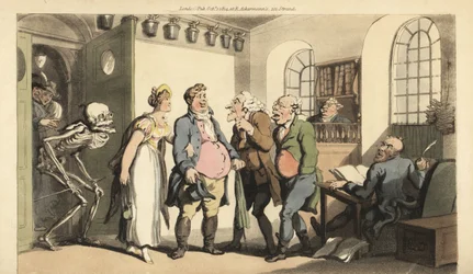 Der Skeletttod überrascht Ned Freeman, als er das Versicherungsbüro besucht und hinterlässt seiner Witwe eine riesige Summe. Handkolorierte Kupferplatte gezeichnet und graviert von Thomas Rowlandson aus The English Dance of Death, Ackermann, London