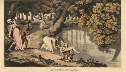 Der Tod nimmt die Mutter, während sie den leblosen Körper ihres Sohnes aus einem See ziehen sieht (Handkolorierte Kupferstich von Thomas Rowlandson)