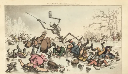Das Skelett des Todes mit Pfeil und Sanduhr, das auf einem zugefrorenen Teich Schlittschuh läuft, während andere Schlittschuhläufer durch das gebrochene Eis fallen. Handkolorierte Kupferstichzeichnung und -gravur von Thomas Rowlandson aus The English Dance