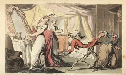 Der Skelett des Todes mit seiner Sanduhr kommt für eine schöne Kokette in ihrem Schlafzimmer. Handkolorierte Kupferplatte gezeichnet und graviert von Thomas Rowlandson aus The English Dance of Death, Ackermann, London