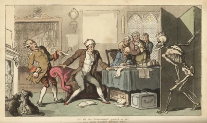 Der Staatsmann in seinem Büro wird von der skelettierten Figur des Todes mit seiner Krone und seinem Pfeil überrascht, die hinter einem Bildschirm hervorkommt. Handkolorierter Kupferstich von Thomas Rowlandson aus The English Dance of Death, Ackermann, Lon
