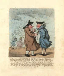 Zwei Regency-Männer halten im eisigen Wind an, um zu sprechen