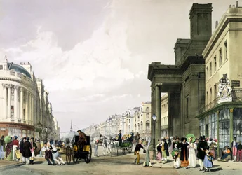 Regent Street in Richtung Quadrant mit Hanover Chapel im Vordergrund und promenierenden Käufern, 1842