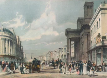 Blick auf die Regent Street in Richtung des Quadranten mit der Hanover Chapel im Vordergrund, 1842