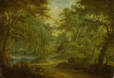 Waldlandschaft mit einem Bach und einem Fischer